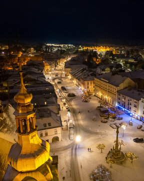 The illuminated cityscape at night in winter in Svitavy town, Czech Republic