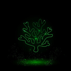 A large green outline coral symbol on the center. Green Neon style. Neon color with shiny stars. Vector illustration on black background