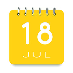 18 day of the month. July. Cute yellow calendar daily icon. Date day week Sunday, Monday, Tuesday, Wednesday, Thursday, Friday, Saturday. Cut paper. White background. Vector illustration.