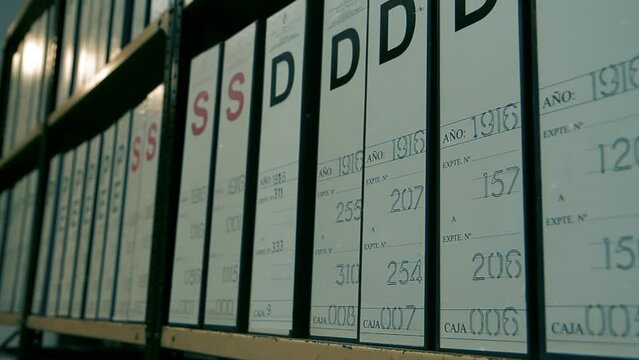 Files Stacked in Storage Room, File Storage Containers Stacked in Office File Room. Close Up. 4K Resolution.