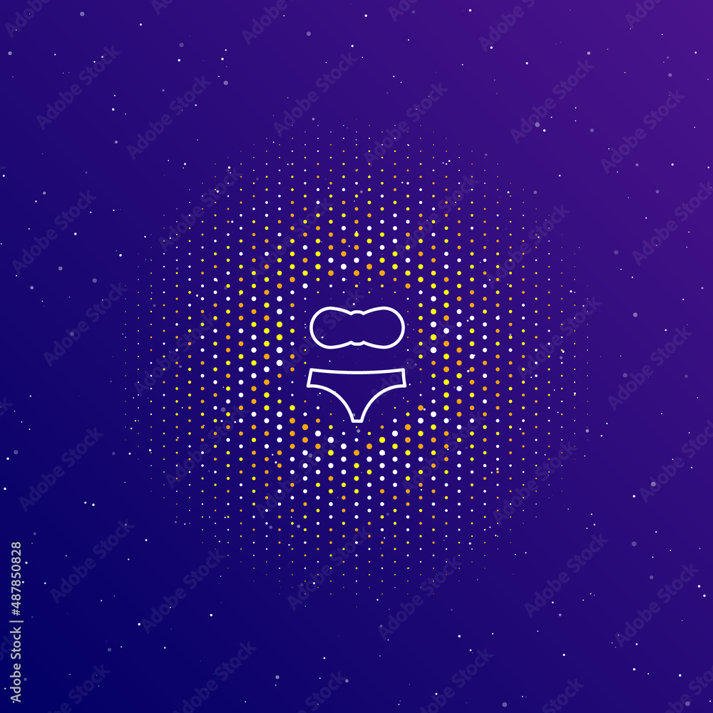 Poster a large white contour bikini symbol in the center, surrounded by small dots. dots of different color