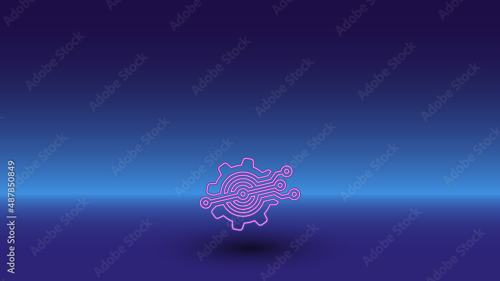 Poster neon digital tech symbol on a gradient blue background. the isolated symbol is located in the bottom