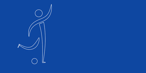 A large white outline football soccer symbol on the left. Designed as thin white lines. Vector illustration on blue background