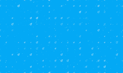 Seamless background pattern of evenly spaced white demiboy symbols of different sizes and opacity. Vector illustration on light blue background with stars