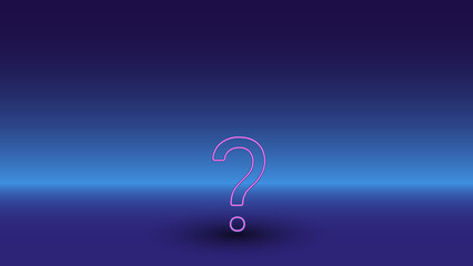 Neon question symbol on a gradient blue background. The isolated symbol is located in the bottom center. Gradient blue with light blue skyline