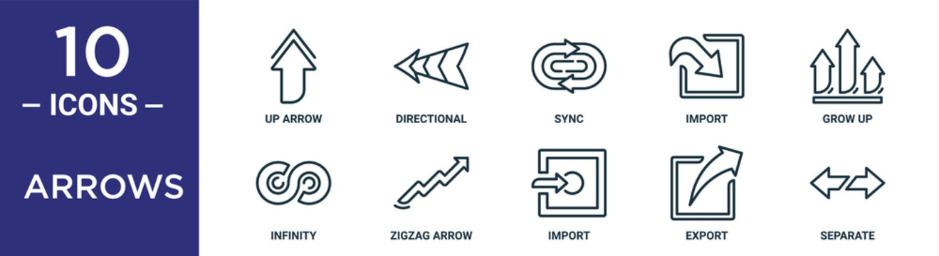 arrows outline icon set includes thin line up arrow, sync, grow up, zigzag arrow, export, separate, infinity icons for report, presentation, diagram, web design