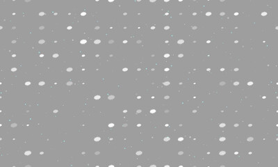 Seamless background pattern of evenly spaced white explosion symbols of different sizes and opacity. Vector illustration on gray background with stars