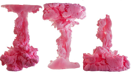 three bright light pink ink clouds under water isolated on white background. colorful splash