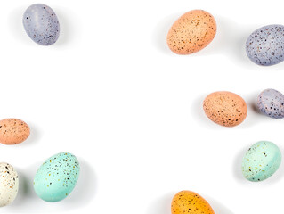 Easter eggs. Easter decoration. Happy Easter card. .Top view of easter colored eggs, Copy space.
