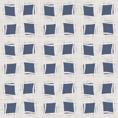 French blue geometric linen seamless pattern. Tonal farmhouse cottage style abstract grid background. Simple vintage rustic fabric textile effect. Primitive modern shabby chic kitchen cloth design. - 487852457