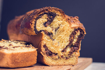 Traditional Holiday Dessert in Romania- Cozonac with cacao, walnuts, butter, milk and sugar