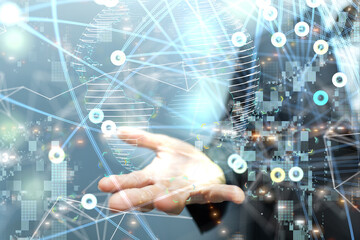 abstract lines with dots over dark background.