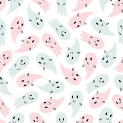 Pastel Halloween pattern , trick or treat, pumpking, flowers skull, stars, cat ghost on blue, pink