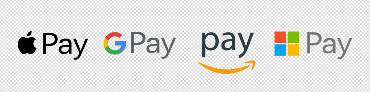 Payment method logos: Google Pay, Microsoft Pay, Amazon Pay, Apple Pay. Payment icons set on transparent background. Payment method or system for transferring money. Vector illustration EPS 10