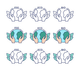 Set of ESG, ECO, BIO icons. Three variants of icons with acronyms. Vector illustration isolated on white background.