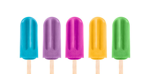 Ice cream popsicle collection, assorted flavors, fruits, chewing gum, grape, tutti frutti, passion fruit, lemon. 