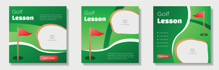 Golf sport lesson sport social media post, banner set, golf hole with flag advertisement concept, sports offer business marketing square ad, abstract print, isolated on background