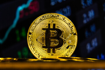 Bitcoin BTC with stock market statistics chart background. Crypto currency growth in world e-commerce system financial concept