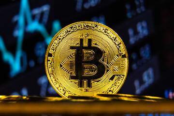 Bitcoin BTC with stock market line chart. Crypto currency growth in world trade system concept