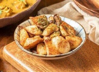 Stir-fried Mushrooms with Mixed Spices in a dish on wooden background top view