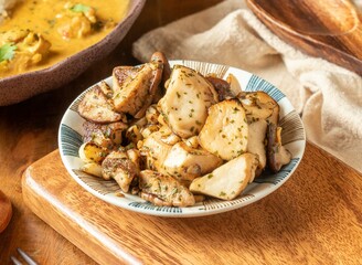 Stir-fried Mushrooms with Garlic Flavor ina dish on wooden background top view