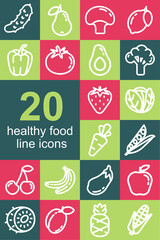 A simple set of vector linear icons of healthy food on a colored background