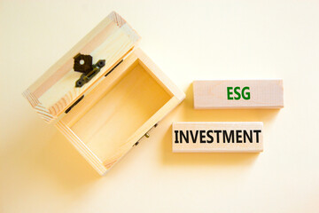 ESG environmental social governance investment symbol. Concept words ESG investment on blocks on a beautiful white background. Empthy wooden chest. Business, ESG investment concept. Copy space.