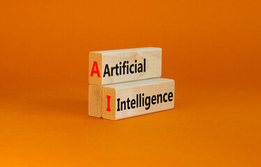 AI artificial intelligence symbol. Concept words AI artificial intelligence on wooden blocks on a beautiful orange table orange background. Business AI artificial intelligence concept. Copy space.