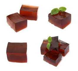 Set with tasty grass jelly cubes on white background