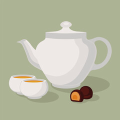 Vector illustration teapot, mugs with black tea and sweets on green background. Decorative design elements. Delicious hot natural beverage in cartoon style.