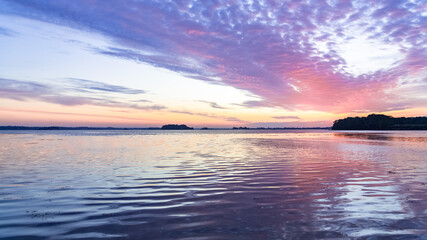Fototapeta na wymiar Brittany, panorama of the Morbihan gulf, view from the Ile aux Moines, at sunrise 