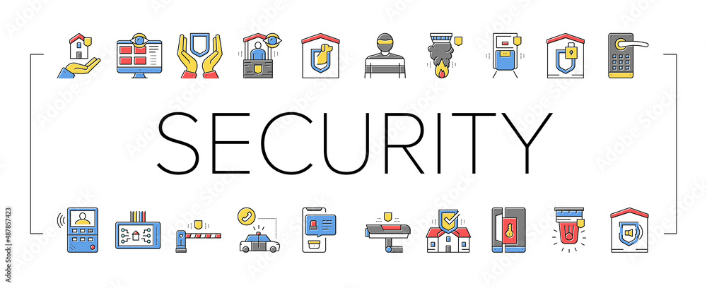 Poster home security device collection icons set vector .