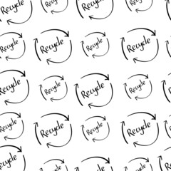 Seamless vector pattern of recycle symbol handwritten sign with arrows doodle stamp. Hand drawn  Wallpaper about zero waste,ecology, recycling garbage for print wrapping paper,posters,cards,labels.