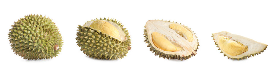 Set with ripe durians on white background. Banner design