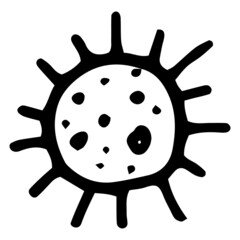 virus icon . a hand-drawn drawing of a round-shaped microbe with a texture of rays and dots in a flat style. isolated element black outline on white for medical design template