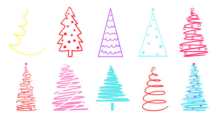 Colored christmas trees on white. Set on isolated background. Objects for banners, posters, t-shirts and textiles