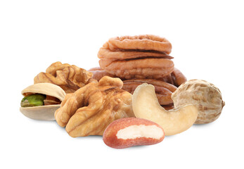 Mix of tasty organic nuts on white background