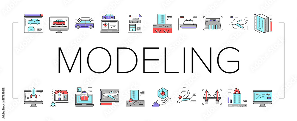 Poster modeling engineering collection icons set vector sign .