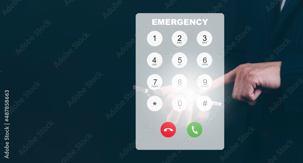 Poster dialing on virtual telephone keypad with emergency and transparent telephone buttons, businessman to