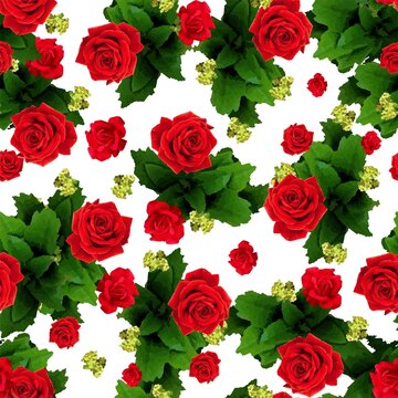 Roses pattern bouquet of flowers, repeating print for fabric. Seamless pattern red rose flowers vintage abstract white background. 
