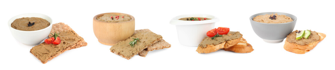Tasty liver pate, bread and crispy crackers on white background. Banner design