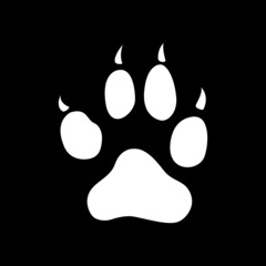 Dog paw print. Vector illustration. Flat design paw with claws on black background.