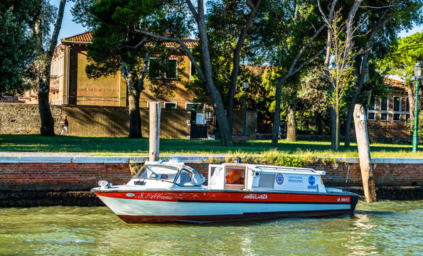 Venice, italy - March 10: typical ambulance boat at the canals in venice on March 10, 2019