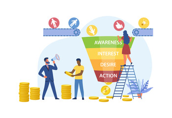 People with sales funnel. Modern methods of analysis. Sequence of actions to attract customers. Marketing techniques, advertising banner. Businessman and employees. Volumetric vector illustration