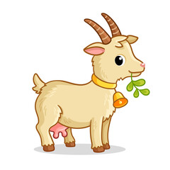 A cute goat with a bell stands and chews grass. Vector illustration with farm animal in cartoon style.