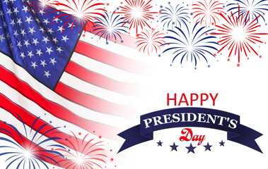 Happy President's Day - federal holiday. American national flag and fireworks on white background