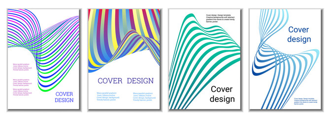 A set of 4 abstract covers. Wavy parallel gradient lines, ribbons evolve. Cover design, background. Trendy banner, poster.