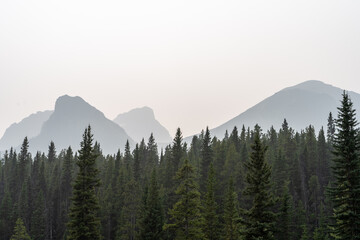 Smokey outline of mountains on the horizon of a Canadian mountain range.