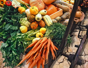 old wagon with various types of vegetables