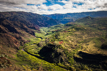Fototapeta na wymiar Kokee Road Overlook showing a beautiful lanscape with a valley and river in Kauai, HI. 